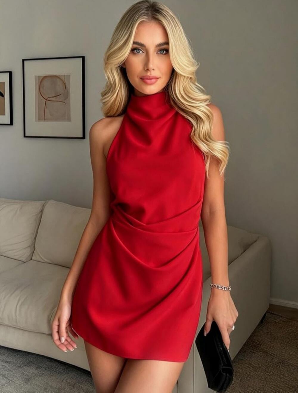 #4 MSRP $40 NWOT BEAGIMEG RED HALTER TURTLENECK RUCHED MINI DRESS ♡ SIZE S♡